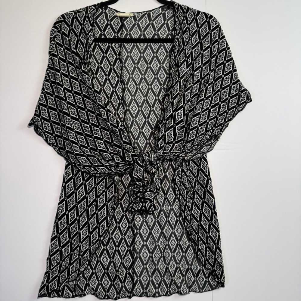 Banana Lemon Womens Kimono Top Black White Diamond Geometric Tie Front One Size